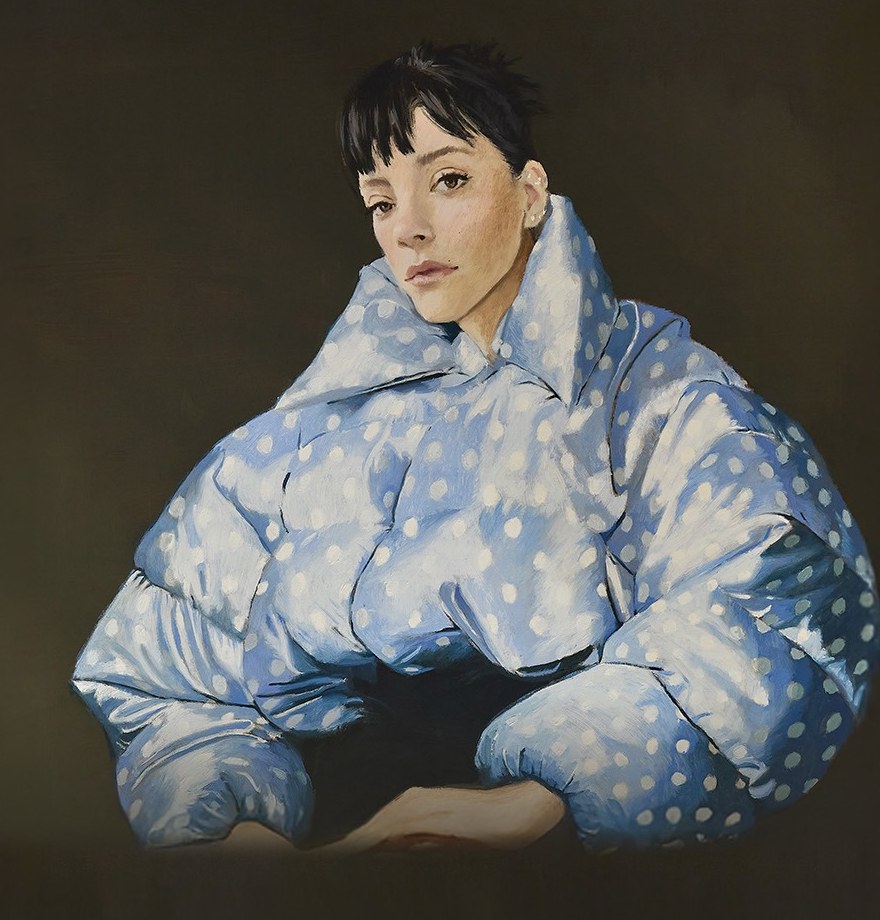 Painted portrait of Lily Allen in a blue polka dot puffer jacket, West End Girl tour artwork